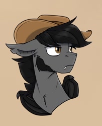 Size: 1085x1333 | Tagged: safe, artist:rutkotka, oc, oc only, bat pony, pony, commission, cowboy hat, hat, simple background, solo, tan background, ych result