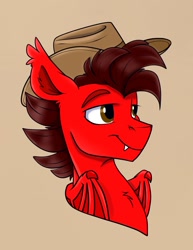 Size: 1117x1445 | Tagged: safe, artist:rutkotka, oc, oc only, bat pony, pony, commission, cowboy hat, hat, simple background, solo, tan background, ych result