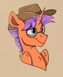 Size: 1145x1381 | Tagged: safe, artist:rutkotka, oc, oc only, alicorn, pony, alicorn oc, commission, cowboy hat, hat, horn, simple background, solo, tan background, wings, ych result