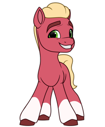 Size: 2500x3000 | Tagged: safe, artist:dancingkinfiend, derpibooru exclusive, sprout cloverleaf, earth pony, pony, g5, my little pony: a new generation, blonde, blonde hair, blonde mane, coat markings, colored hooves, cute, eyebrows, front view, full body, green eyes, grin, gritted teeth, high res, hooves, looking at you, male, nervous, nervous smile, red fur, simple background, smiling, smiling at you, smirk, socks (coat markings), solo, sproutbetes, stallion, tail, teeth, transparent background, wavy hair, wavy mane, wavy tail