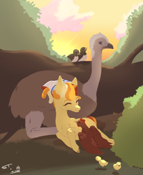 Size: 2461x3005 | Tagged: safe, artist:slimeprnicess, artist:storyteller, oc, oc:omelette, bird, chicken, earth pony, ostrich, animal, background, chicks, collaboration, colt, foal, male, smiling, sunset, tree