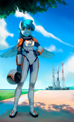 Size: 2000x3279 | Tagged: safe, artist:mrscroup, oc, oc only, oc:siriusnavigator, pegasus, anthro, plantigrade anthro, astronaut, hand on hip, looking at you, rocket, smiling, solo, spacesuit, spread wings, wings
