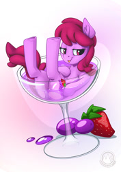 Size: 955x1351 | Tagged: safe, alternate version, artist:mysticalpha, berry punch, berryshine, earth pony, pony, g4, alcohol, bedroom eyes, berry, butt, digital art, drunk, female, food, glass, go home you're drunk, looking at you, mare, open mouth, plot, solo, strawberry, tail, wine, wine glass