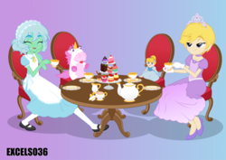 Size: 1032x729 | Tagged: safe, artist:excelso36, oc, oc only, oc:alexa, oc:cherish lynne, human, equestria girls, g4, barely pony related, beret, cake, clothes, commissioner:shortskirtsandexplosions, crossdressing, doll, duo, duo male, eyebrows, eyebrows visible through hair, eyes closed, femboy, food, girly, gloves, gradient background, hand on cheek, hat, lidded eyes, male, mary janes, open mouth, open smile, plushie, pocket watch, shadow, shoes, signature, sissy, sitting, smiling, stockings, tea, tea party, tea time, thigh highs, toy