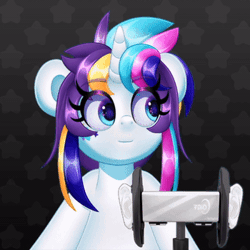 Size: 350x350 | Tagged: safe, artist:partypievt, oc, oc only, oc:indigo wire, pony, unicorn, animated, asmr, eye clipping through hair, eyebrows, eyebrows visible through hair, female, gif, livestream, mare, microphone, ponytail, solo, vtuber