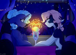 Size: 3501x2544 | Tagged: safe, artist:kisselmr, oc, oc:angel, oc:thierry, earth pony, pony, unicorn, chest fluff, commission, couple, drinking straw, floppy ears, high res, male, romance, smiling