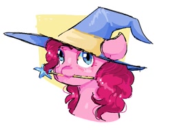 Size: 667x503 | Tagged: safe, artist:fr0st__bit3, pinkie pie, earth pony, pony, hat, looking at you, magic wand, mouth hold, solo, wizard hat