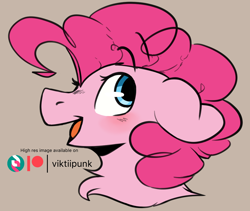 Size: 1330x1122 | Tagged: safe, artist:viktiipunk, pinkie pie, earth pony, pony, blushing, bust, curly hair, ears back, female, looking up, mare, open mouth, smiling, solo