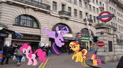 Size: 3294x1821 | Tagged: safe, artist:cloudy glow, artist:hubfanlover678, artist:reginault, artist:sketchmcreations, artist:tamalesyatole, pinkie pie, scootaloo, sunset shimmer, twilight sparkle, alicorn, earth pony, pegasus, pony, unicorn, g4, england, female, filly, foal, irl, london, mare, photo, ponies in real life, twilight sparkle (alicorn)
