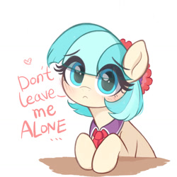 Size: 1284x1284 | Tagged: safe, artist:kqaii, coco pommel, earth pony, pony, g4, :<, :c, blue eyes, blushing, bronybait, cocobetes, cute, dialogue, eye clipping through hair, female, frown, headdress, heart, looking at you, mare, necktie, raised hoof, sad, sadorable, short hair, simple background, solo, talking to viewer, text, white background
