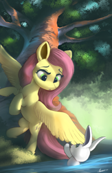 Size: 3200x4900 | Tagged: safe, artist:auroriia, fluttershy, pegasus, pony, rabbit, g4, :o, animal, cute, female, high res, leg fluff, mare, open mouth, river, shyabetes, solo, spread wings, tree, water, wing hands, wings