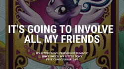 Size: 1280x720 | Tagged: safe, edit, editor:quoterific, idw, pinkie pie, twilight sparkle, alicorn, earth pony, pony, g4, duo, duo female, female, free comics book day, mare, smiling, spread wings, text, twilight sparkle (alicorn), wings