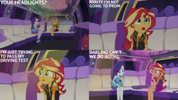 Size: 1280x720 | Tagged: safe, edit, edited screencap, editor:quoterific, screencap, rarity, sunset shimmer, human, driving miss shimmer, driving miss shimmer: rarity, equestria girls, g4, my little pony equestria girls: better together, my little pony equestria girls: choose your own ending, bracelet, clothes, cutie mark on clothes, duo, duo female, female, geode of empathy, geode of shielding, high heels, jewelry, leather, leather vest, limousine, magical geodes, necklace, open mouth, rarity peplum dress, shoes, smiling, text, vest