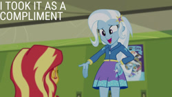 Size: 1280x720 | Tagged: safe, edit, edited screencap, editor:quoterific, screencap, sunset shimmer, trixie, human, equestria girls, equestria girls series, forgotten friendship, g4, clothes, cutie mark on clothes, duo, duo female, female, hairpin, hallway, jacket, lockers, open mouth, open smile, poster, smiling, text