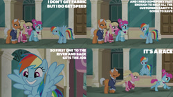 Size: 1280x720 | Tagged: safe, edit, edited screencap, editor:quoterific, screencap, bleeding heart, blue bobbin, rainbow dash, starke kragen, earth pony, pegasus, pony, unicorn, g4, season 6, the saddle row review, eyes closed, female, flying, grin, mare, open mouth, open smile, smiling, spread wings, text, walking, wings