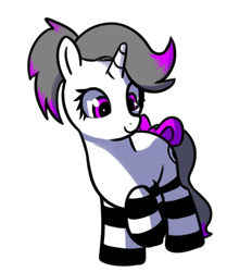 Size: 486x524 | Tagged: safe, artist:neuro, oc, oc only, oc:hazel radiate, pony, unicorn, bow, clothes, cute, eyelashes, female, filly, foal, highlights, horn, mare, ponytail, purple eyes, simple background, smiling, socks, solo, striped socks, tail, tail bow, transparent background, unicorn oc