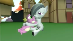 Size: 1024x575 | Tagged: safe, artist:undeadponysoldier, marble pie, spike, dragon, earth pony, pony, g4, 3d, crack shipping, cute, daaaaaaaaaaaw, female, gmod, grin, happy, house, male, marblebetes, mare, ponybooru import, ponyville, ship:marblespike, shipping, sitting, smiling, snuggling, spikabetes, spikelove, straight
