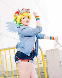 Size: 1080x1349 | Tagged: safe, artist:roseygcosplay, rainbow dash, human, clothes, cosplay, costume, goggles, irl, irl human, multicolored hair, photo, rainbow hair, solo