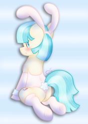 Size: 2000x2825 | Tagged: safe, artist:viviandpurplevivi, coco pommel, earth pony, pony, g4, blushing, bunny ears, bunny suit, butt, clothes, female, high res, kneeling, looking back, mare, plot, rear view, socks, solo, thigh highs