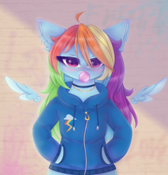 Size: 2300x2400 | Tagged: safe, artist:saltyvity, rainbow dash, pegasus, anthro, g4, my little pony equestria girls: rainbow rocks, blue pony, blushing, bubble, bubblegum, clothes, cool, cute, dashabetes, ear fluff, ear piercing, earring, embarrassed, female, floating wings, food, gold, graffiti, gum, hand in pocket, high res, hoodie, jewelry, multicolored hair, piercing, pink eyes, rainbow, rainbow hair, solo, wings