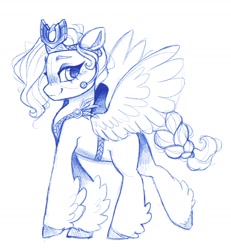 Size: 1289x1394 | Tagged: safe, artist:catmintyt, pipp petals, pegasus, pony, g5, adorapipp, crown, cute, eyebrows, female, jewelry, looking at you, mare, microphone, monochrome, pegasus crystal, queen, regalia, simple background, sketch, smiling, smiling at you, solo, spread wings, white background, wings