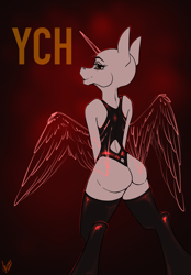 Size: 1640x2360 | Tagged: safe, artist:stirren, pony, semi-anthro, bodysuit, butt, clothes, commission, latex, looking at you, looking back, looking back at you, pinup, plot, pose, sexy, solo, standing on two hooves, stockings, swimsuit, thigh highs, your character here