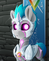 Size: 4000x5000 | Tagged: safe, artist:rainbowfire, oc, earth pony, golem, pony, robot, robot pony, guardians of pondonia, armor, armorarity, banner, blue mane, castle, cute, gold, knight, looking at you, magic, male, medallion, purple eyes, solo, stallion, stone wall