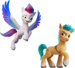 Size: 939x849 | Tagged: safe, hitch trailblazer, zipp storm, earth pony, pegasus, pony, g5, duo, duo male and female, eyes on the prize, female, flying, looking back, looking down, male, mare, open mouth, raised eyebrow, raised hoof, simple background, smiling, smirk, spread wings, stallion, transparent background, wings