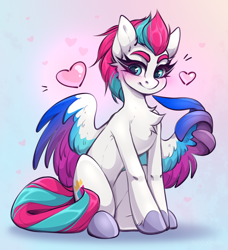 Size: 1756x1922 | Tagged: safe, artist:rico_chan, zipp storm, pegasus, pony, g5, adorazipp, blushing, chest fluff, colored wings, cute, female, gradient background, heart, looking at you, mare, multicolored wings, shadow, sitting, sketch, smiling, smiling at you, solo, spread wings, wing hands, wings