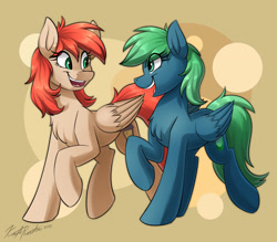 Size: 3200x2800 | Tagged: safe, artist:kaylerustone, oc, oc only, oc:emerald, oc:firefly, pegasus, pony, abstract background, chest fluff, eye clipping through hair, female, high res, looking at each other, looking at someone, mare, open mouth, open smile, raised hoof, raised leg, simple background, smiling, smiling at each other