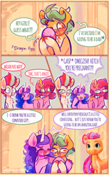 Size: 1165x1861 | Tagged: safe, artist:sockiepuppetry, hitch trailblazer, izzy moonbow, pipp petals, sunny starscout, zipp storm, earth pony, pegasus, pony, unicorn, g5, blaze (coat marking), cellphone, chest fluff, coat markings, derp, dialogue, dragon egg, egg, eyes closed, facial markings, female, funny, gasp, heart, male, mane five, mare, misunderstanding, open mouth, open smile, papa hitch, phone, pony racism, pregananant, smartphone, smiling, socks (coat markings), sparkly eyes, speech bubble, stallion, toy, unshorn fetlocks, wingding eyes