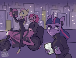 Size: 2548x1948 | Tagged: safe, artist:scribleydoodles, fluttershy, pinkie pie, twilight sparkle, earth pony, pegasus, unicorn, anthro, unguligrade anthro, g4, assassin, bodysuit, catsuit, chubby, clothes, eyes closed, female, glasses, headset, helmet, motorcycle, motorcycle helmet, open mouth, secret agent, spy, trio