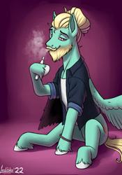 Size: 1785x2550 | Tagged: safe, artist:wwredgrave, zephyr breeze, pegasus, pony, g4, beard, electronic cigarette, facial hair, hipster, male, moustache, sitting, smoke, smoking, solo, stallion, unshorn fetlocks, vape, vaping, wings