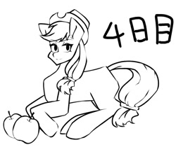 Size: 857x721 | Tagged: safe, artist:mugitya012, applejack, earth pony, pony, g4, apple, applejack's hat, black and white, cowboy hat, female, food, grayscale, hat, japanese, looking at you, mare, monochrome, simple background, solo, white background