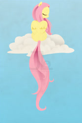 Size: 1200x1800 | Tagged: safe, artist:joellethenose, fluttershy, pegasus, pony, g4, blue background, cloud, eyes closed, female, folded wings, light blue background, lineless, long tail, mare, obtrusive watermark, on a cloud, rear view, simple background, sitting, sitting on a cloud, solo, tail, watermark, wings