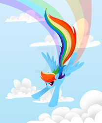 Size: 1500x1800 | Tagged: safe, artist:joellethenose, rainbow dash, pegasus, pony, g4, cloud, female, flying, lineless, looking at you, mare, rainbow trail, sky, smiling, solo, spread wings, watermark, windswept mane, wings