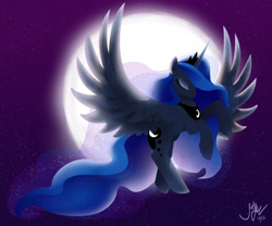 Size: 1800x1500 | Tagged: safe, artist:joellethenose, princess luna, alicorn, pony, g4, eyes closed, female, flying, jewelry, mare, moon, night, regalia, signature, sky, solo, spread wings, stars, wings