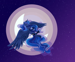 Size: 1800x1500 | Tagged: safe, artist:joellethenose, princess luna, alicorn, pony, g4, eyes closed, female, flying, jewelry, mare, moon, night, regalia, sky, smiling, solo, spread wings, stars, watermark, wings