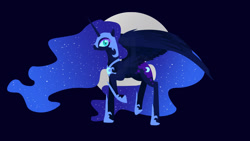 Size: 1200x675 | Tagged: safe, artist:joellethenose, nightmare moon, alicorn, pony, g4, blue background, female, jewelry, lineless, looking at you, mare, moon, profile, raised hoof, regalia, simple background, slit pupils, solo, spread wings, standing, wings