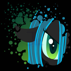 Size: 1400x1400 | Tagged: safe, artist:joellethenose, queen chrysalis, changeling, changeling queen, g4, angry, black background, close-up, female, floppy ears, looking at you, paint splatter, simple background, solo, watermark