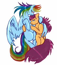 Size: 1400x1600 | Tagged: safe, artist:yorukami, rainbow dash, scootaloo, pegasus, pony, duo, female, frown, holding each other, hoof on head, hug, lesbian, mare, missing cutie mark, older, older scootaloo, sad, scootadash, shipping, simple background, white background, winghug, wings