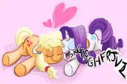 Size: 2937x1952 | Tagged: safe, artist:doodledonutart, applejack, rarity, earth pony, pony, unicorn, g4, eyes closed, female, heart, lesbian, open mouth, ship:rarijack, shipping, sleeping, smiling, snoring