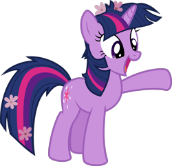 Size: 1884x1819 | Tagged: safe, alternate version, artist:sollace, derpibooru exclusive, twilight sparkle, pony, unicorn, g4, it's about time, .svg available, clean, cute, female, flower, flower in hair, full body, happy, hooves, horn, mare, messy mane, open mouth, open smile, raised hoof, simple background, smiling, solo, standing, svg, tail, transparent background, twilynanas, unicorn twilight, vector