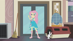 Size: 3410x1920 | Tagged: safe, screencap, angel bunny, fluttershy, human, rabbit, equestria girls, g4, my little pony equestria girls: better together, so much more to me, animal, broom, clothes, cutie mark on clothes, duo, duo male and female, female, geode of fauna, hairpin, high res, jewelry, magical geodes, male, necklace, sandals, smiling