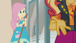 Size: 3410x1920 | Tagged: safe, screencap, fluttershy, sunset shimmer, human, equestria girls, g4, my little pony equestria girls: better together, so much more to me, :o, broom, clothes, cute, cutie mark on clothes, duo, duo female, female, fluttershy boho dress, geode of empathy, geode of fauna, high res, jewelry, leather, leather vest, magical geodes, necklace, open mouth, shyabetes, vest