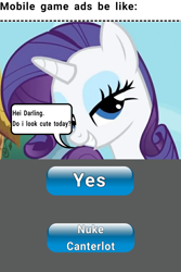 Size: 1358x2030 | Tagged: safe, edit, edited screencap, editor:dematrix-edit, screencap, rarity, pony, unicorn, g4, bedroom eyes, female, mare, meme, mobile game ads be like, shitposting, solo, text