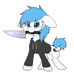 Size: 600x600 | Tagged: safe, artist:scarlet-spectrum, oc, oc only, oc:picture in picture, pegasus, pony, angry, beauty mark, clothes, commission, floppy ears, hoodie, knife, mouth hold, nose wrinkle, simple background, solo, transparent background, ych result