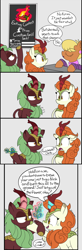 Size: 1626x4960 | Tagged: safe, artist:icey, autumn blaze, cinder glow, ms. harshwhinny, summer flare, earth pony, kirin, pony, comic, female, flower, foal's breath, food, glowing, glowing horn, horn, mare, pepper, this will end in fire, this will end in nirik, tongue out