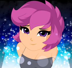 Size: 1163x1106 | Tagged: safe, artist:rosemile mulberry, scootaloo, human, equestria girls, g4, breasts, bust, busty scootaloo, cleavage, clothes, cute, cutealoo, female, looking at you, older, older scootaloo, raised eyebrow, shirt, sleeveless, sleeveless shirt, smiling, smiling at you, solo, sparkles, tank top, updated design