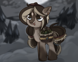 Size: 1450x1150 | Tagged: safe, artist:mushy, oc, oc only, oc:juniper, earth pony, fish, pony, yakutian horse, accessory, bag, coat markings, cute, ear piercing, earring, facial markings, female, fluffy, happy, jewelry, mare, mother, open mouth, open smile, pale belly, piercing, pine tree, saddle bag, smiling, snow, snowpony, solo, star (coat marking), tree, winter